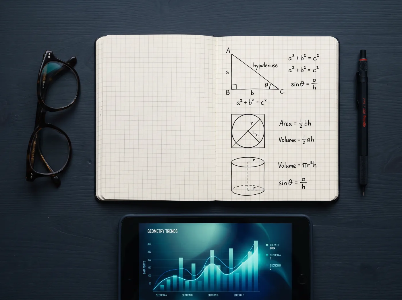 Math notes, geometry diagrams and a tablet showing performance charts